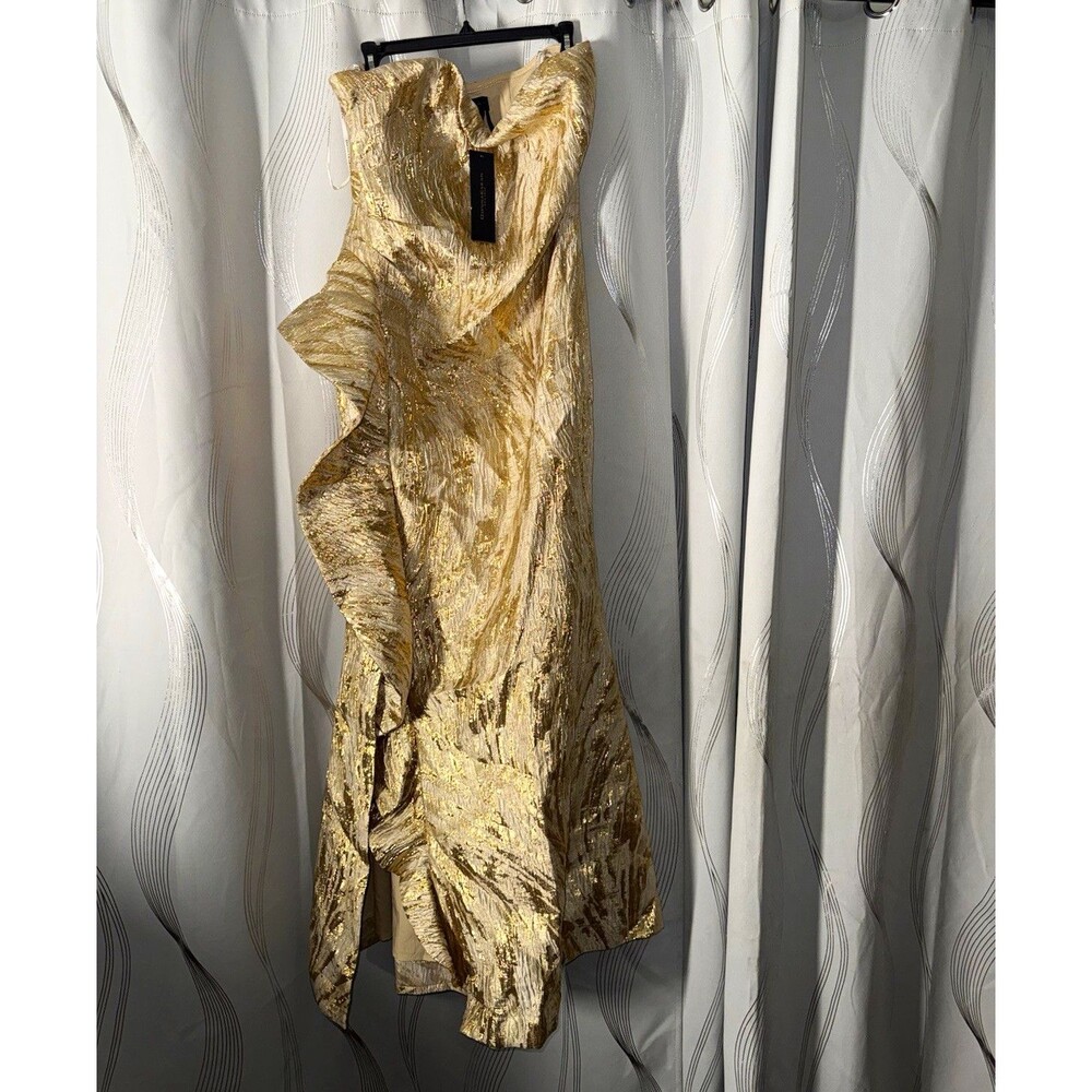 Donna Karan New York Gold Floral Jacquard Cocktail Dress 12 Strapless Ruffle